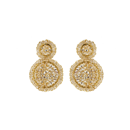 A pair of hand-crocheted round earrings with gold and clear detailing, made from 18 karat gold filled wire. Handmade in Brazil, these mini mandala earrings feature 18 karat gold filled wire, clear crystals, lightweight comfort, and hypoallergenic nickel free materials.