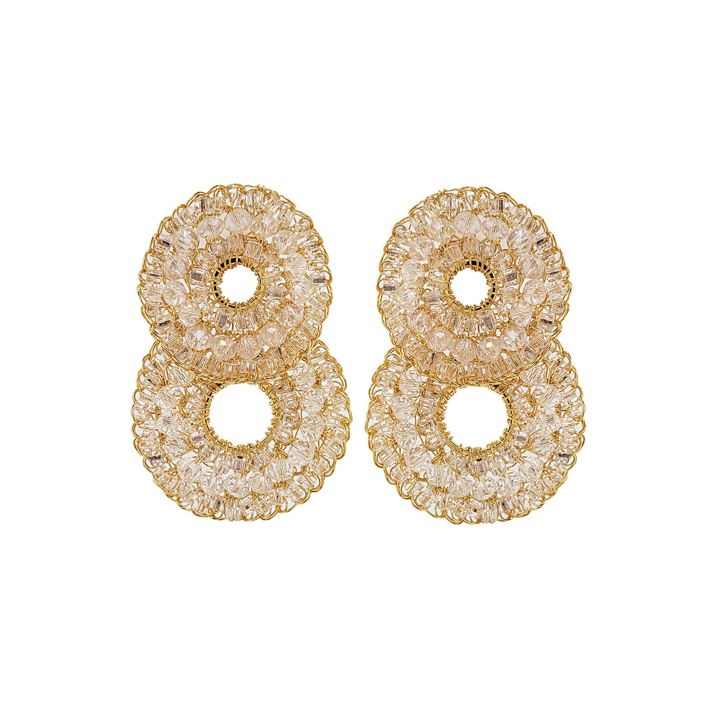 A pair of gold-colored, double-shaped cascade earrings with clear crystals, created through hand crocheting.