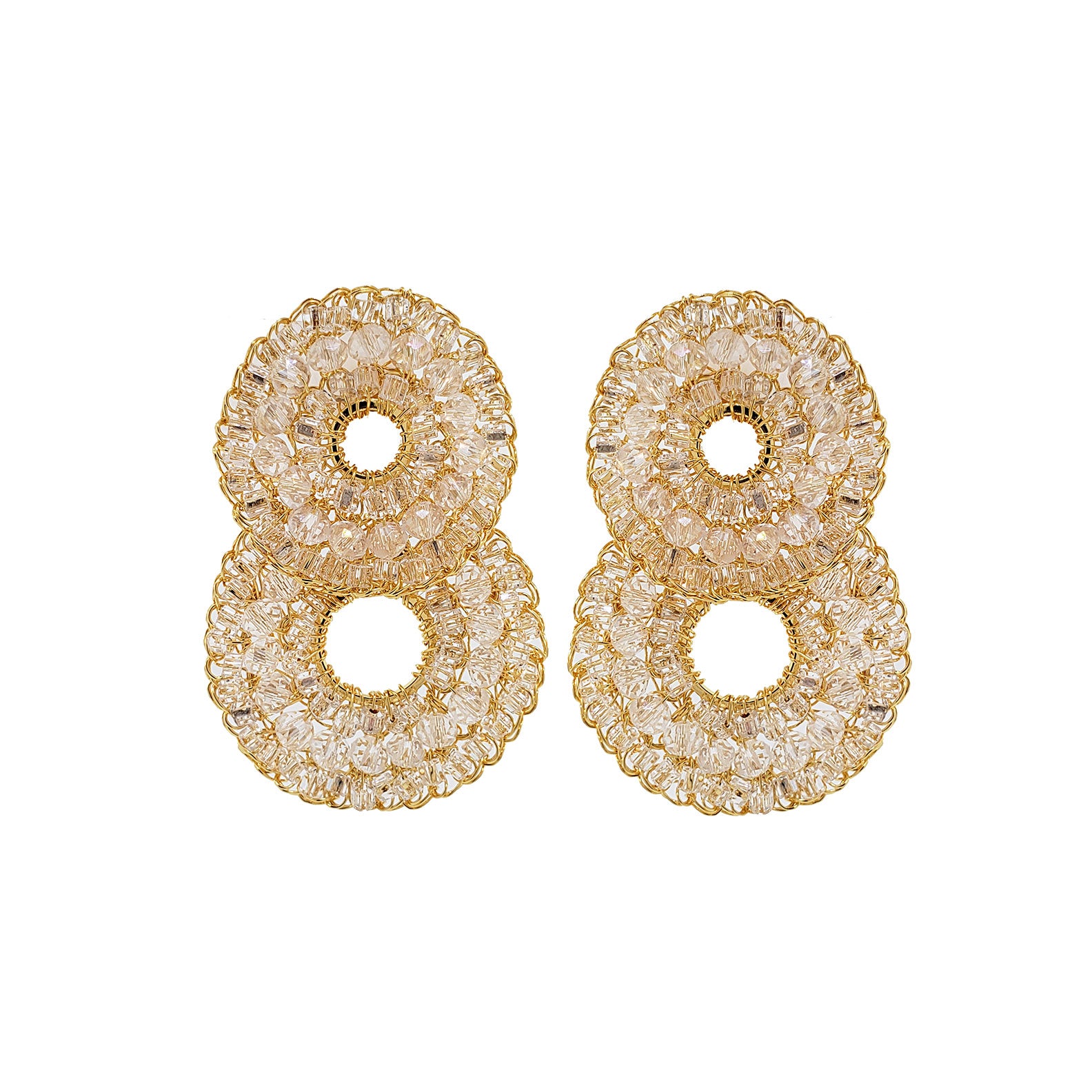 A pair of gold-colored, double-shaped cascade earrings with clear crystals, created through hand crocheting.