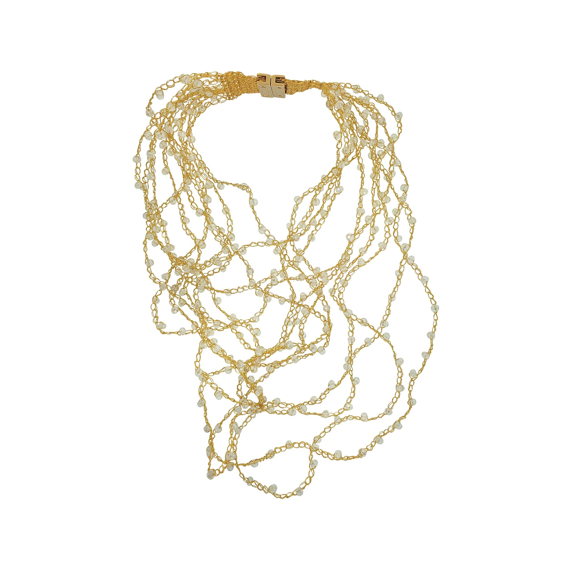 A layered, multi-stringed hand-crocheted necklace with gold fill wire and beads, displayed on a white background. Layered multi-string hand-crocheted necklace handmade in Brazil with 18 karat gold filled wire, sparkling clear crystal accents, and a secure magnetic clasp.