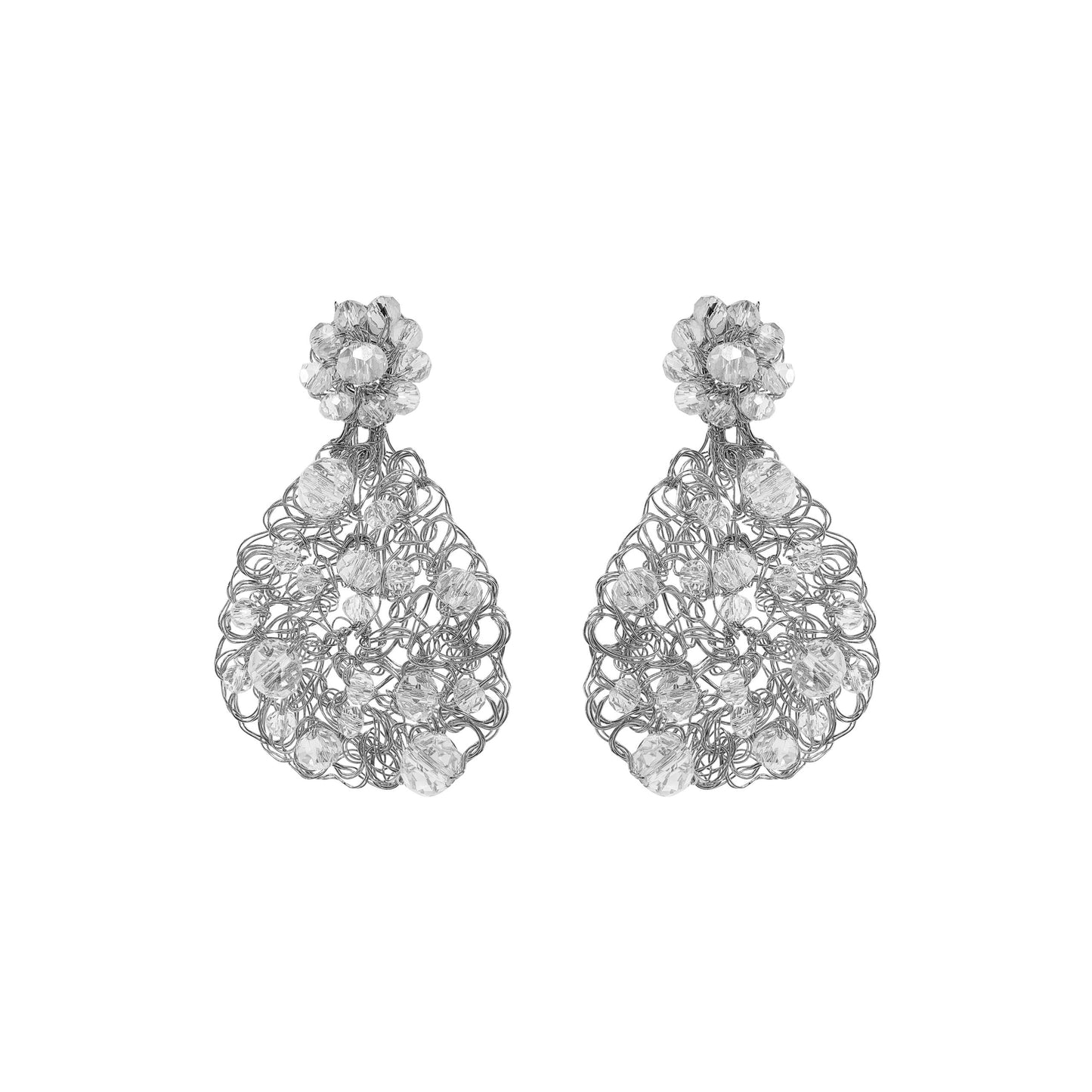 A pair of teardrop-shaped hand-crocheted mesh earrings with clear crystals, made of palladium filled copper wire, from a collection of Brazilian artisan-made jewelry.