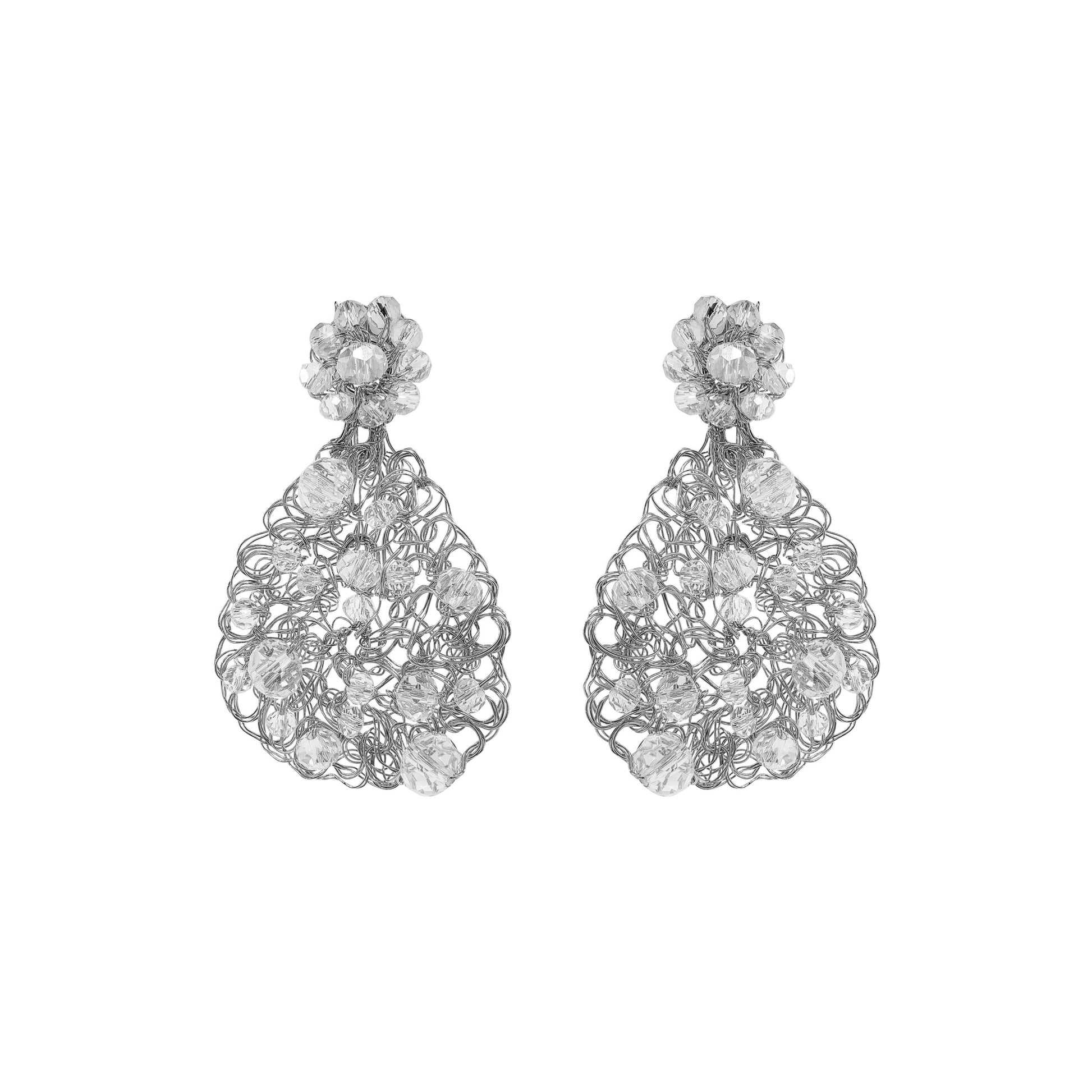 A pair of teardrop-shaped hand-crocheted mesh earrings with clear crystals, made of palladium filled copper wire, from a collection of Brazilian artisan-made jewelry.