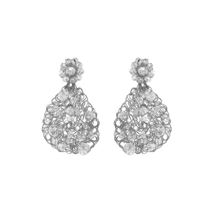 A pair of teardrop-shaped hand-crocheted mesh earrings with clear crystals, made of palladium filled copper wire, from a collection of Brazilian artisan-made jewelry.