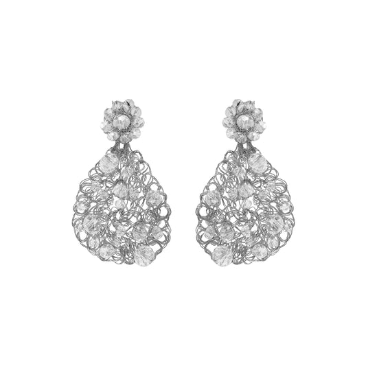 A pair of teardrop-shaped hand-crocheted mesh earrings with clear crystals, made of palladium filled copper wire, from a collection of Brazilian artisan-made jewelry.