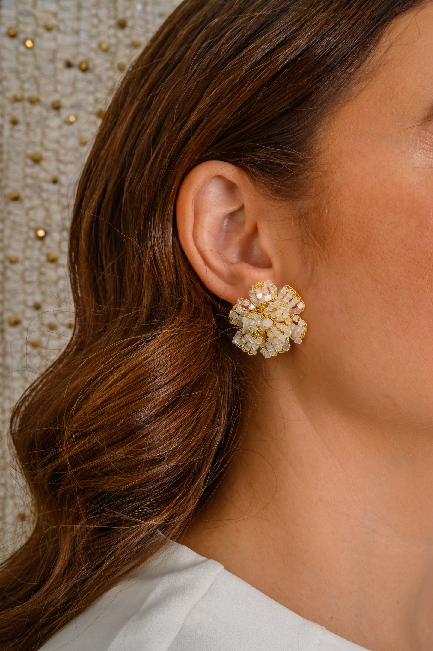 Cream White & Gold Aster Post Handmade Crochet Earrings