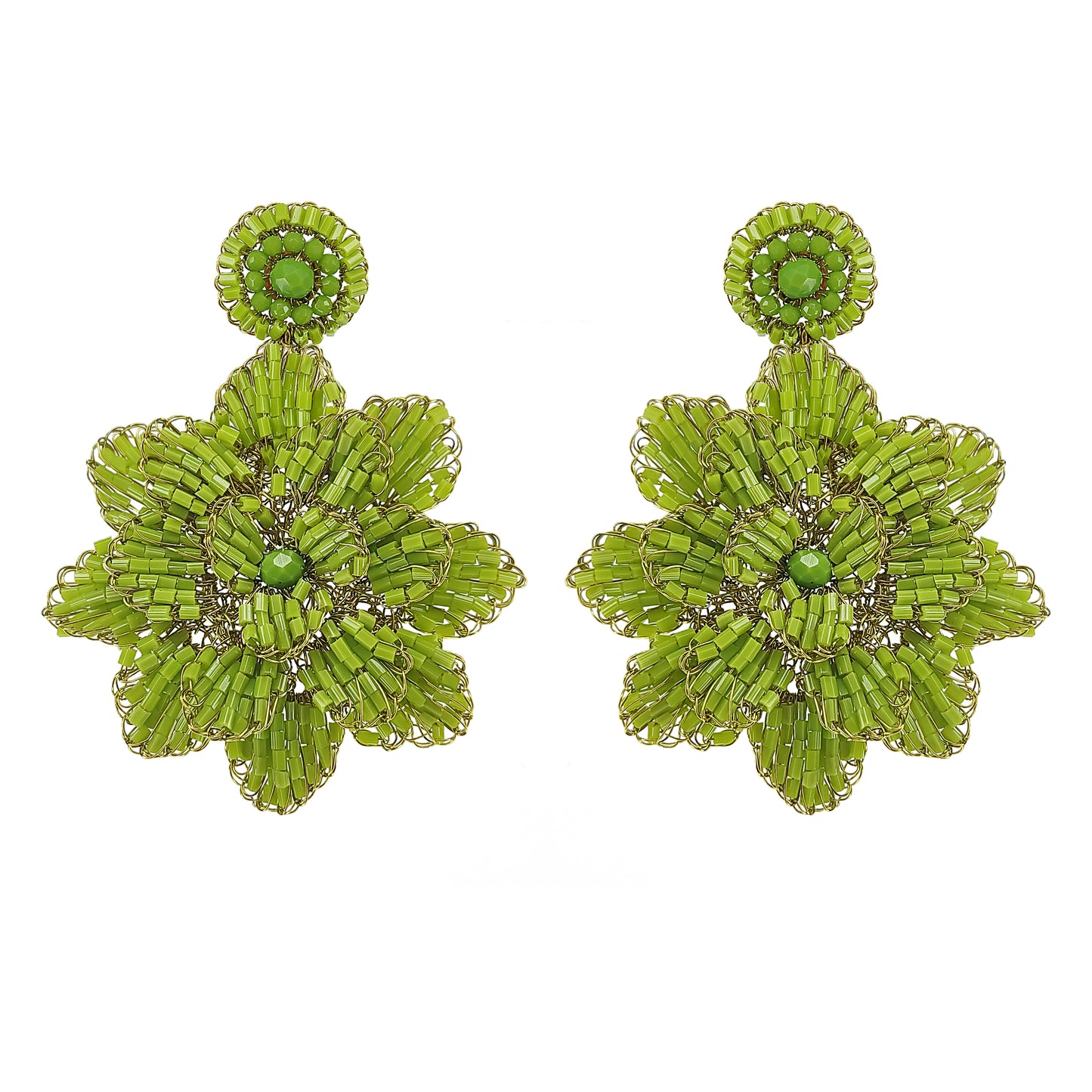 Neon Green Blossom Handmade Crochet Large Earrings
