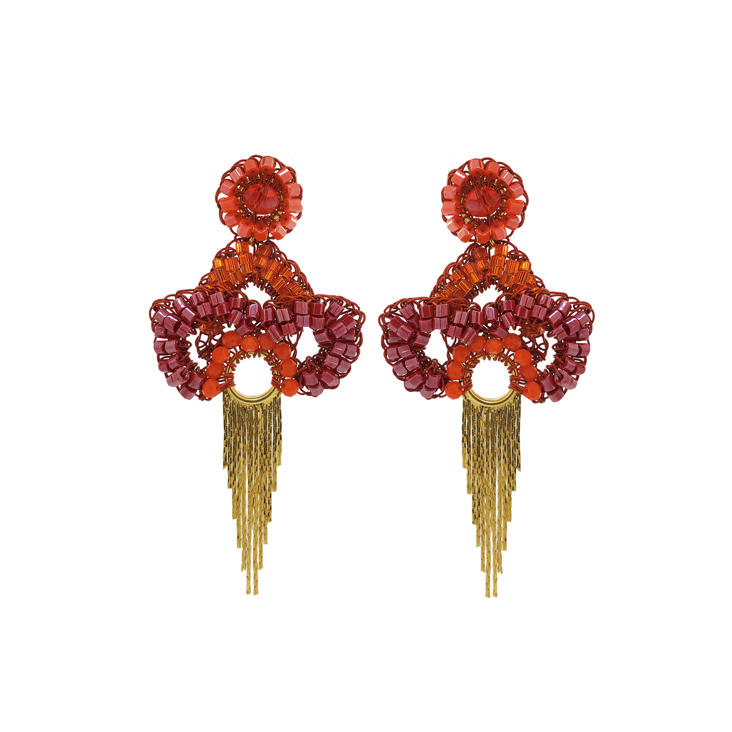 Coral Red Mix Mermaid Fringe Handmade Crochet Earrings