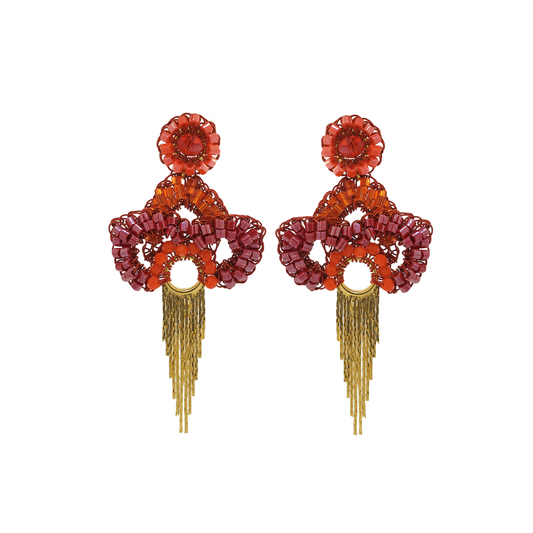 Coral Red Mix Mermaid Fringe Handmade Crochet Earrings