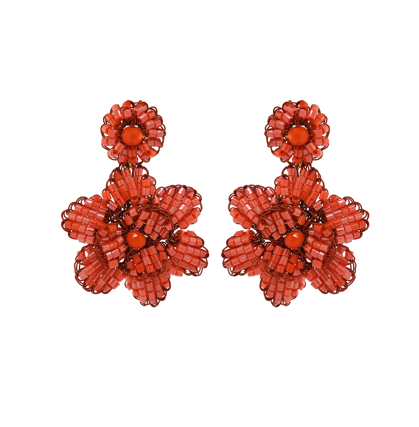 Mini floral hand-crocheted dangle earrings handmade in Brazil with shiny enameled wire and bright coral-orange bead accents.
