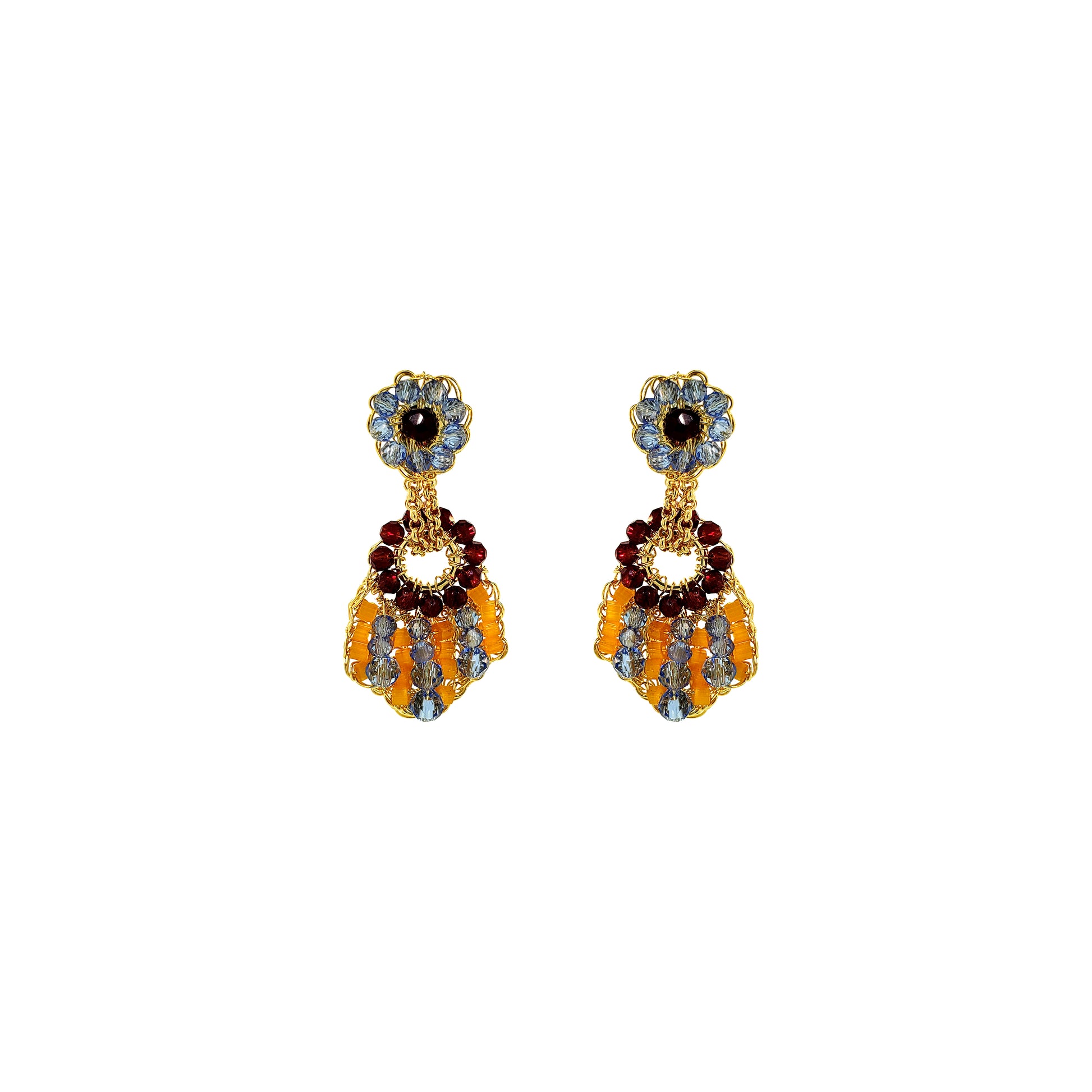 Dangle-Blue-Red-Orange-Gold-Sea-Shell-Drop-Handmade-Crochet-Earrings-18k-gold-filled-wire-hypoallergenic-lightweight-statement-soul-collection