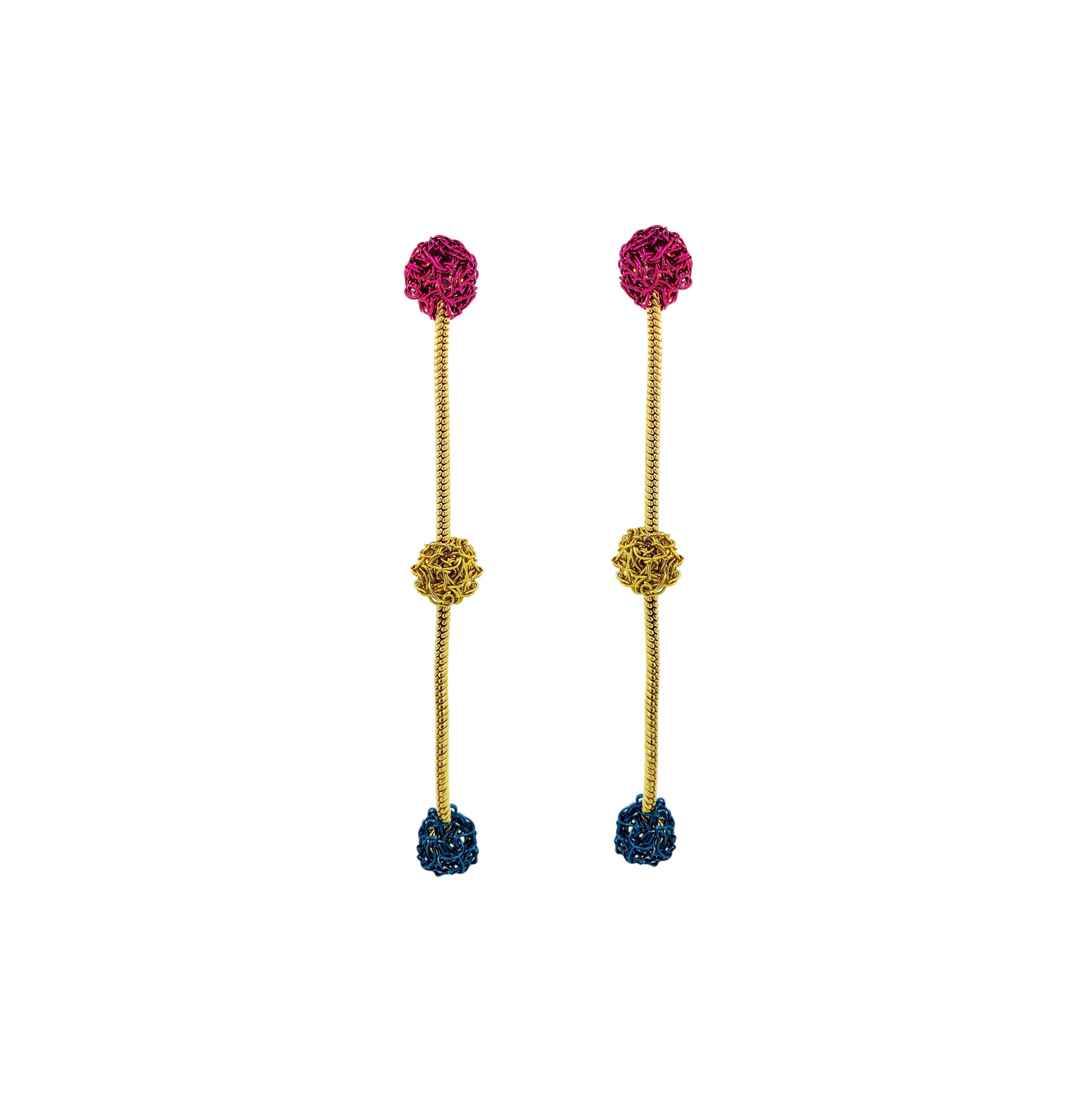 Dangle-Blue-Yellow-Fuchsia-Gold-Dome-Trio-Cascade-Handmade-Crochet-Earrings-18k-gold-filled-wire-hypoallergenic-lightweight-statement-brazilian-soul-collection