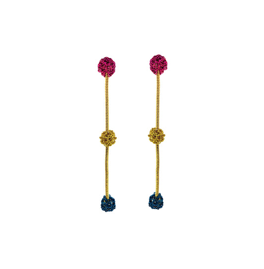 Dangle-Blue-Yellow-Fuchsia-Gold-Dome-Trio-Cascade-Handmade-Crochet-Earrings-18k-gold-filled-wire-hypoallergenic-lightweight-statement-brazilian-soul-collection