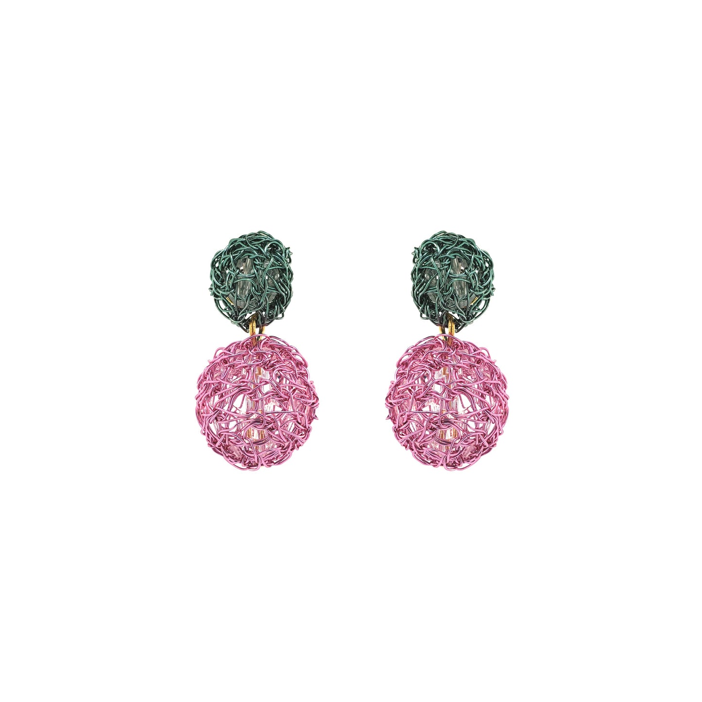 Dangle-Green-Pink-Gold-Spheres-Duo-Drop-Handmade-Crochet-Earrings-18k-gold-filled-wire-hypoallergenic-lightweight-statement-brazilian-soul-collection