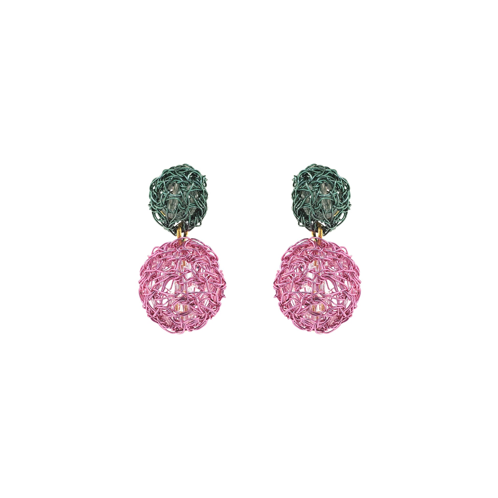 Dangle-Green-Pink-Gold-Spheres-Duo-Drop-Handmade-Crochet-Earrings-18k-gold-filled-wire-hypoallergenic-lightweight-statement-brazilian-soul-collection