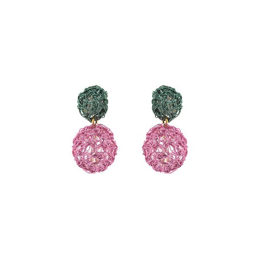 Dangle-Green-Pink-Gold-Spheres-Duo-Drop-Handmade-Crochet-Earrings-18k-gold-filled-wire-hypoallergenic-lightweight-statement-brazilian-soul-collection
