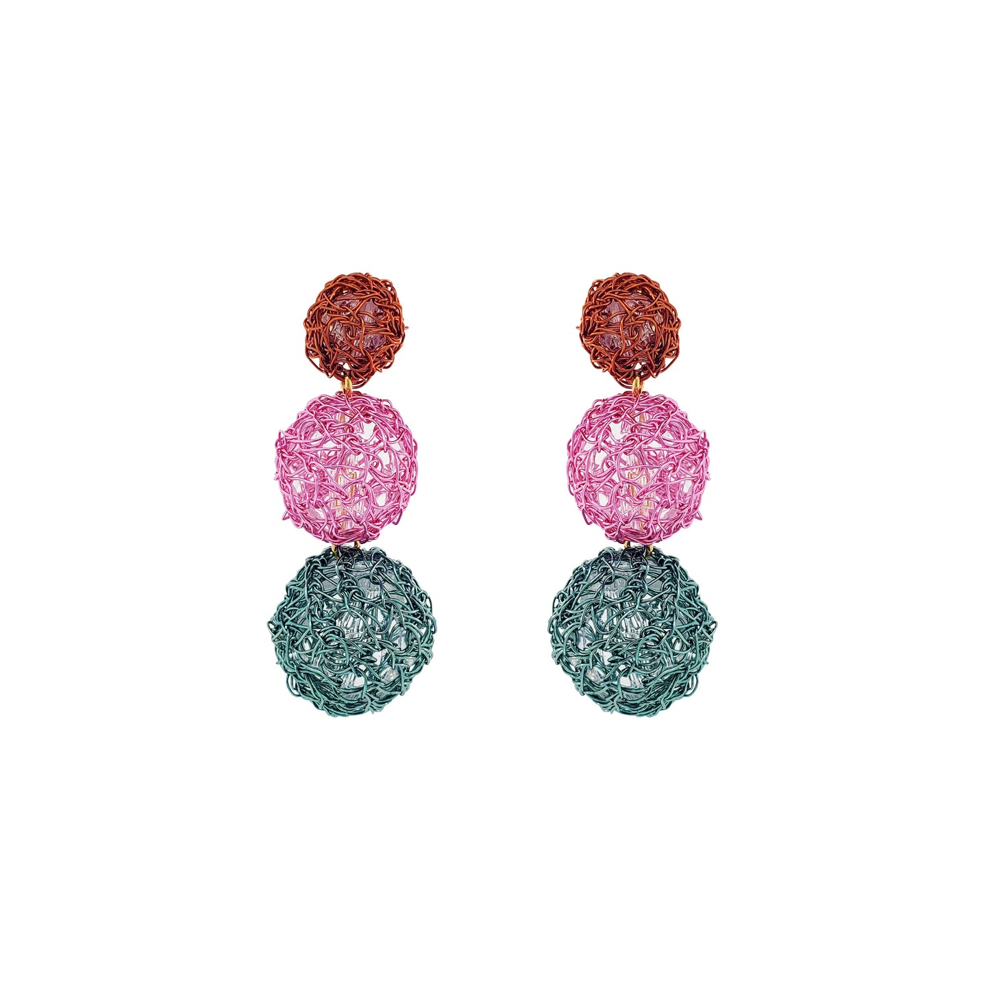 Dangle-Green-Pink-Purple-Orange-Gold-Spheres-Trio-Cascade-Handmade-Crochet-Earrings-18k-gold-filled-wire-hypoallergenic-lightweight-statement-brazilian-soul-collection
