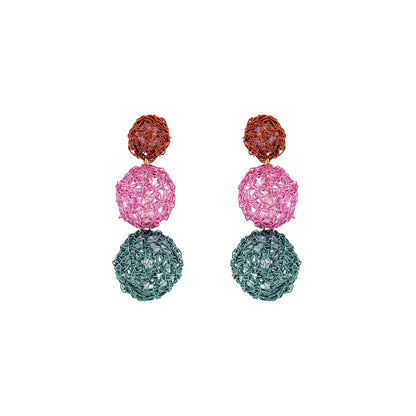 Dangle-Green-Pink-Purple-Orange-Gold-Spheres-Trio-Cascade-Handmade-Crochet-Earrings-18k-gold-filled-wire-hypoallergenic-lightweight-statement-brazilian-soul-collection