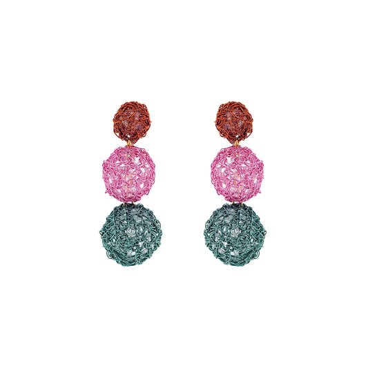 Dangle-Green-Pink-Purple-Orange-Gold-Spheres-Trio-Cascade-Handmade-Crochet-Earrings-18k-gold-filled-wire-hypoallergenic-lightweight-statement-brazilian-soul-collection