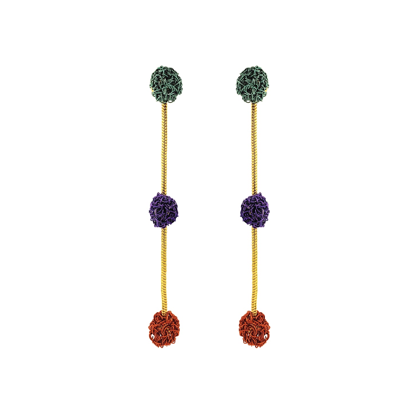 Dangle-Green-Purple-Orange-Gold-Dome-Trio-Cascade-Handmade-Crochet-Earrings-18k-gold-filled-wire-hypoallergenic-lightweight-statement-brazilian-soul-collection