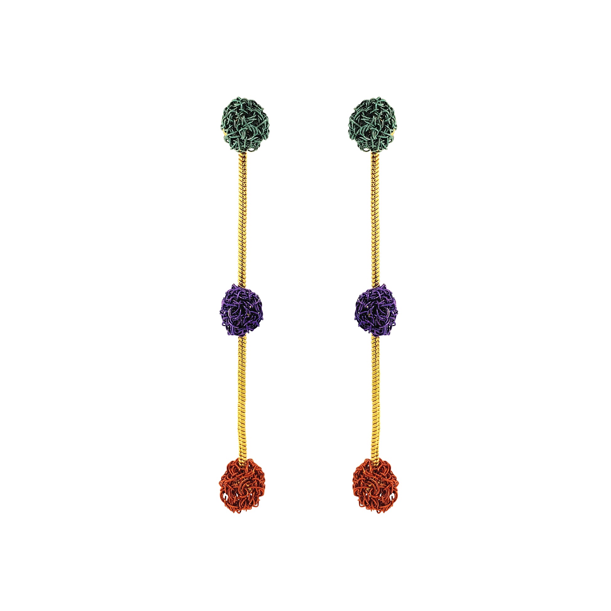 Dangle-Green-Purple-Orange-Gold-Dome-Trio-Cascade-Handmade-Crochet-Earrings-18k-gold-filled-wire-hypoallergenic-lightweight-statement-brazilian-soul-collection