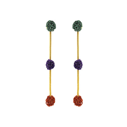 Dangle-Green-Purple-Orange-Gold-Dome-Trio-Cascade-Handmade-Crochet-Earrings-18k-gold-filled-wire-hypoallergenic-lightweight-statement-brazilian-soul-collection