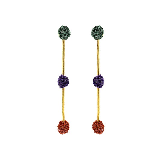 Dangle-Green-Purple-Orange-Gold-Dome-Trio-Cascade-Handmade-Crochet-Earrings-18k-gold-filled-wire-hypoallergenic-lightweight-statement-brazilian-soul-collection