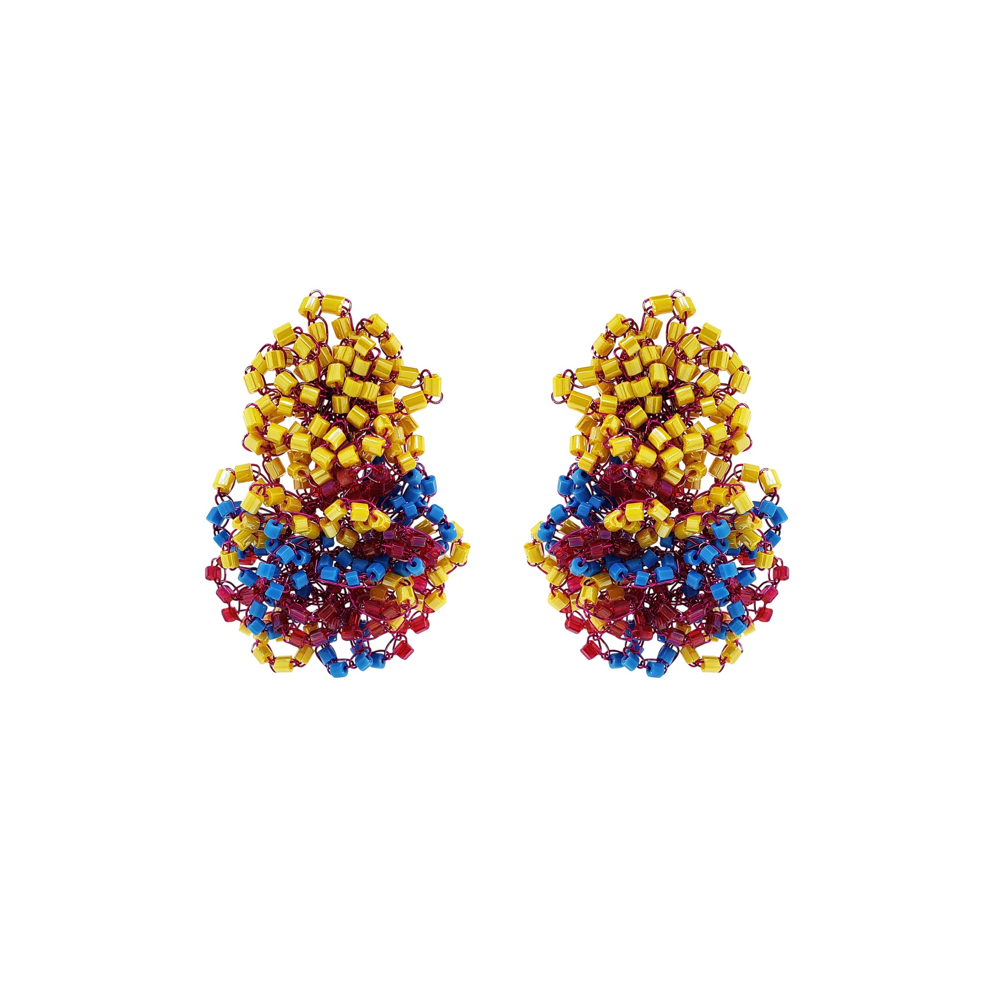 Double-Flower-Blue-Fuchsia-Yellow-Gold-Agnes-Drop-Handmade-Crochet-Earrings-18k-gold-filled-wire-hypoallergenic-lightweight-statement-brazilian-soul-collection