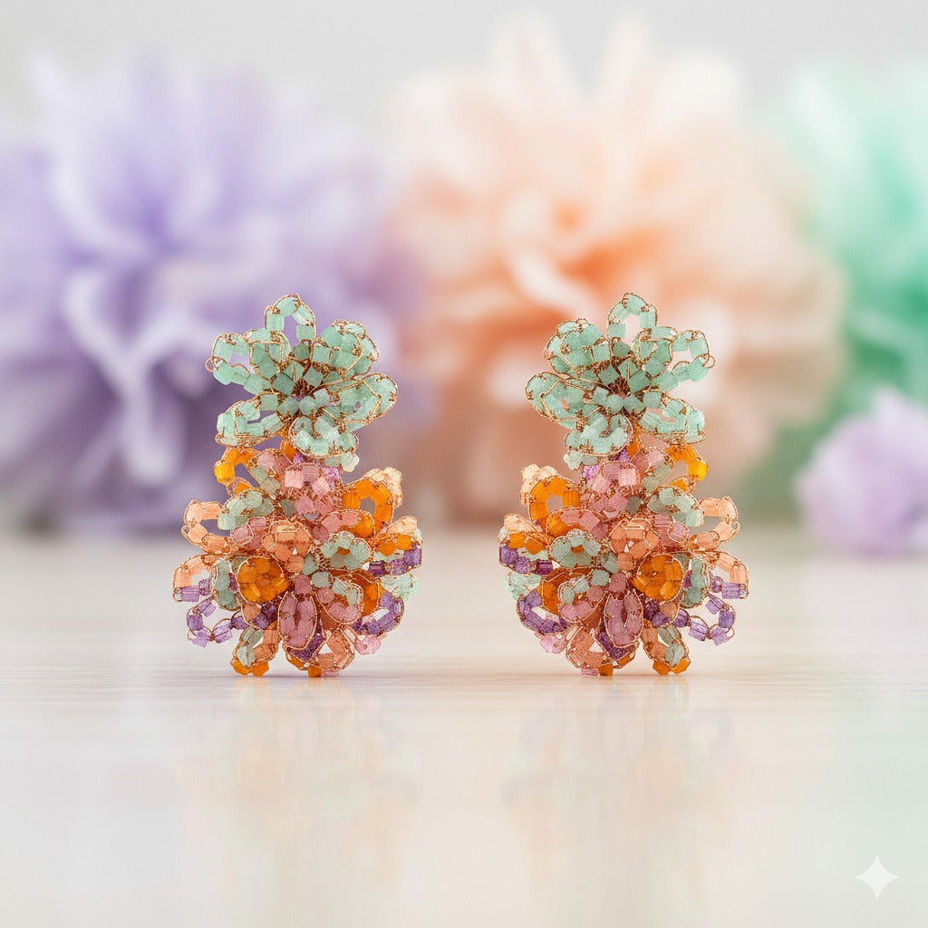 Double-Flower-Green-Pink-Purple-Orange-Gold-Agnes-Drop-Handmade-Crochet-Earrings-18k-gold-filled-wire-hypoallergenic-lightweight-statement-brazilian-soul-collection-2