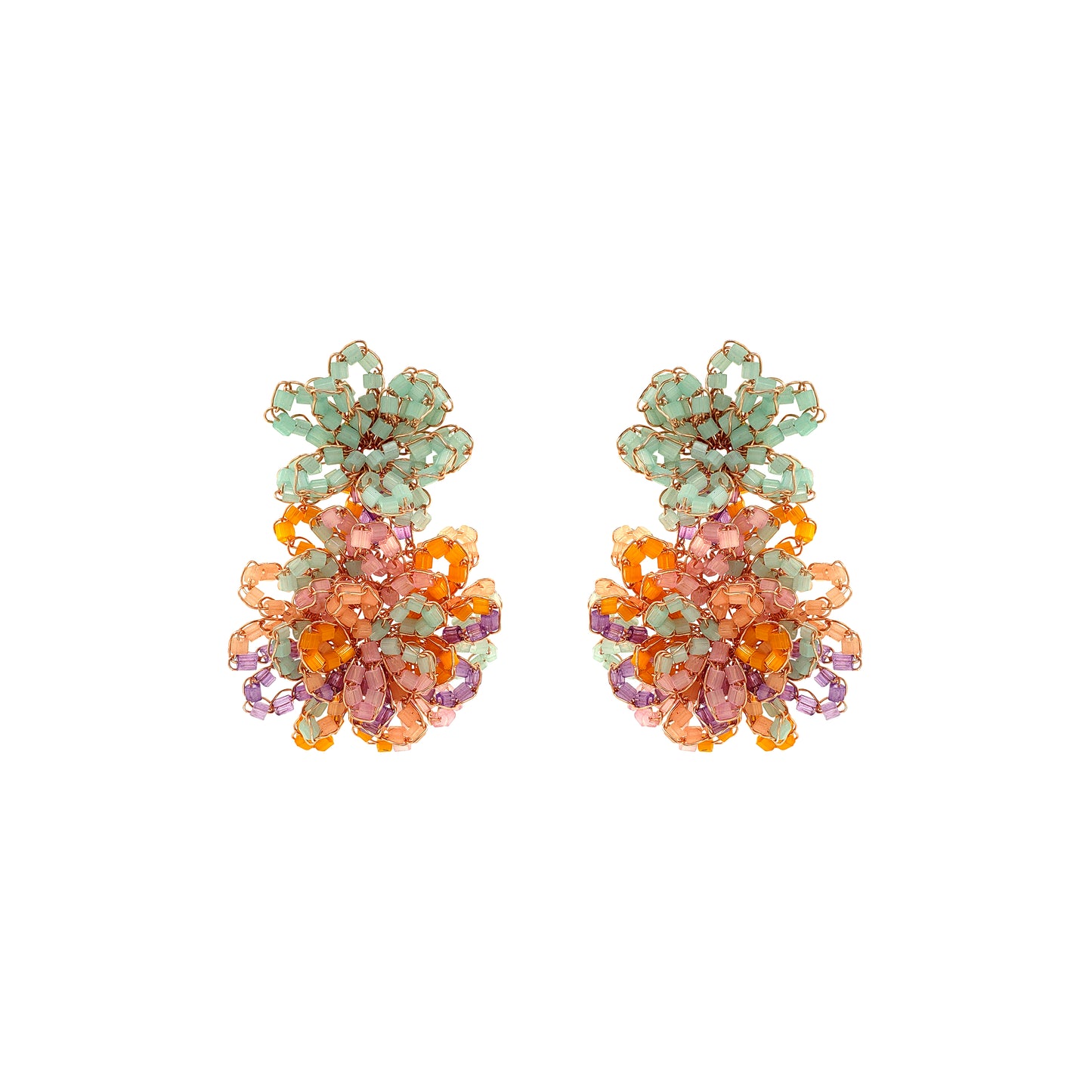 Double-Flower-Green-Pink-Purple-Orange-Gold-Agnes-Drop-Handmade-Crochet-Earrings-18k-gold-filled-wire-hypoallergenic-lightweight-statement-brazilian-soul-collection