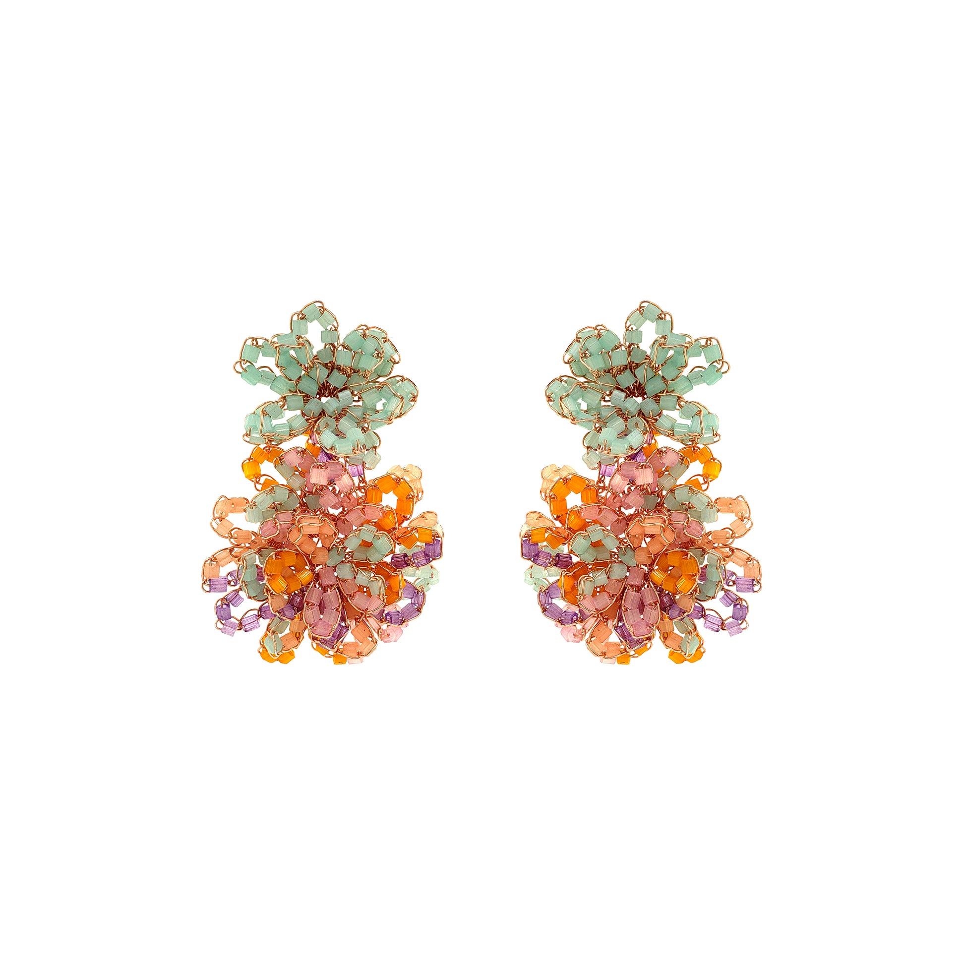 Double-Flower-Green-Pink-Purple-Orange-Gold-Agnes-Drop-Handmade-Crochet-Earrings-18k-gold-filled-wire-hypoallergenic-lightweight-statement-brazilian-soul-collection