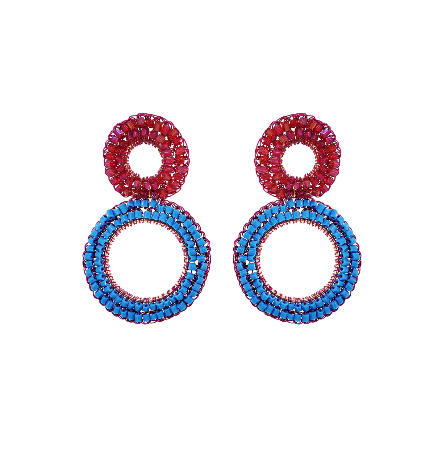 Double-Mandala-Blue-Fuchsia-Gold-Nyx-Drop-Handmade-Crochet-Earrings-18k-gold-filled-wire-hypoallergenic-lightweight-statement-brazilian-soul-collection
