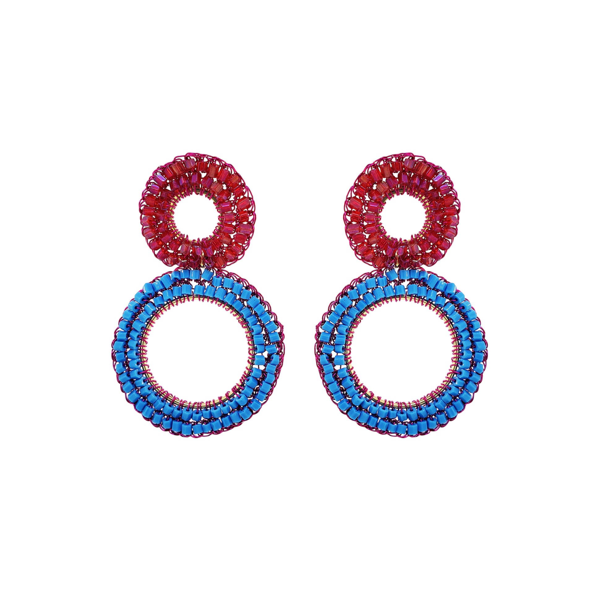 Double-Mandala-Blue-Fuchsia-Gold-Nyx-Drop-Handmade-Crochet-Earrings-18k-gold-filled-wire-hypoallergenic-lightweight-statement-brazilian-soul-collection