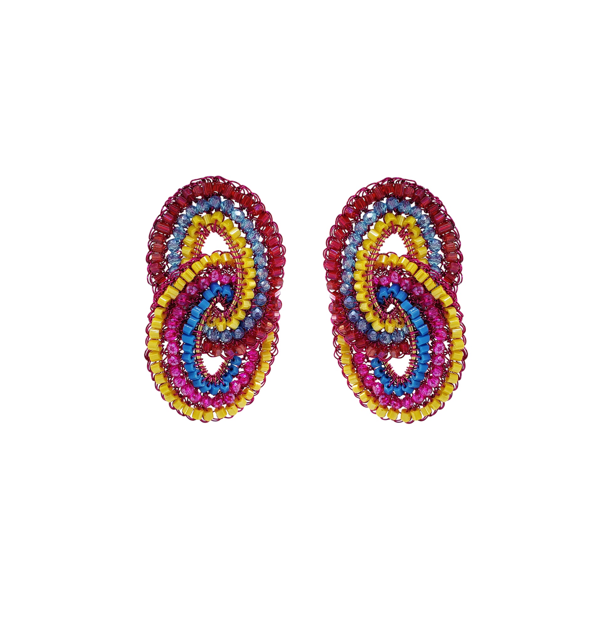 Double-Mandala-Blue-Fuchsia-Yellow-Gold-Kai-Duo-Cascade-Handmade-Crochet-Earrings-18k-gold-filled-wire-hypoallergenic-lightweight-statement-brazilian-soul-collection