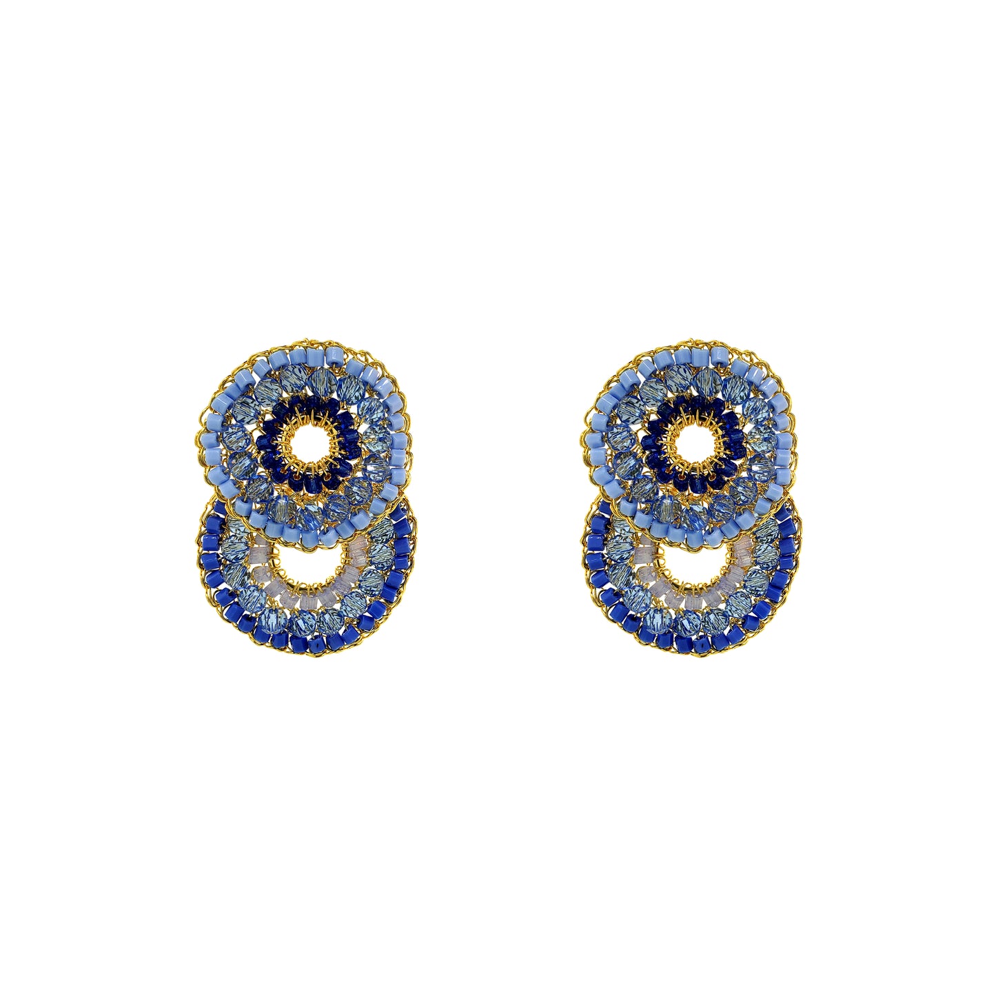 Double-Mandala-Blue-Gold-Gush-Cascade-Handmade-Crochet-Earrings-18k-gold-filled-wire-hypoallergenic-lightweight-statement-soul-collection