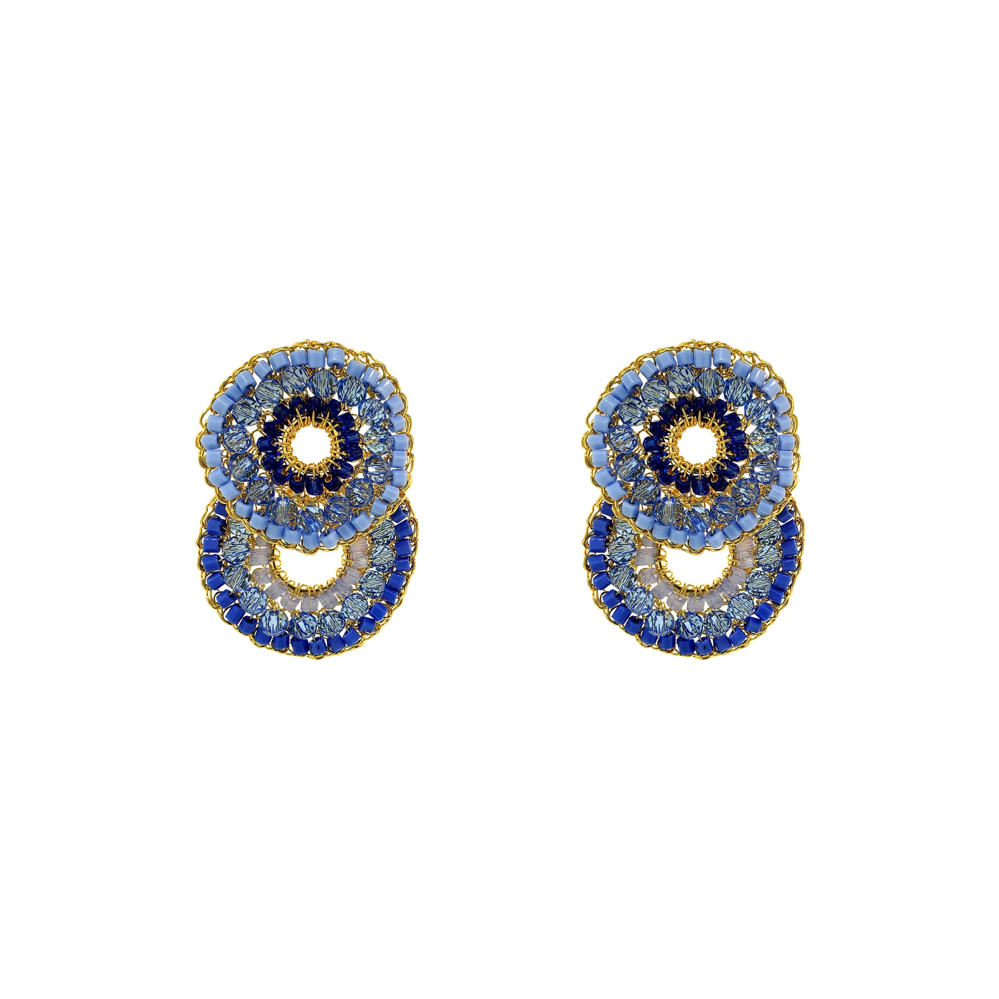 Double-Mandala-Blue-Gold-Gush-Cascade-Handmade-Crochet-Earrings-18k-gold-filled-wire-hypoallergenic-lightweight-statement-soul-collection