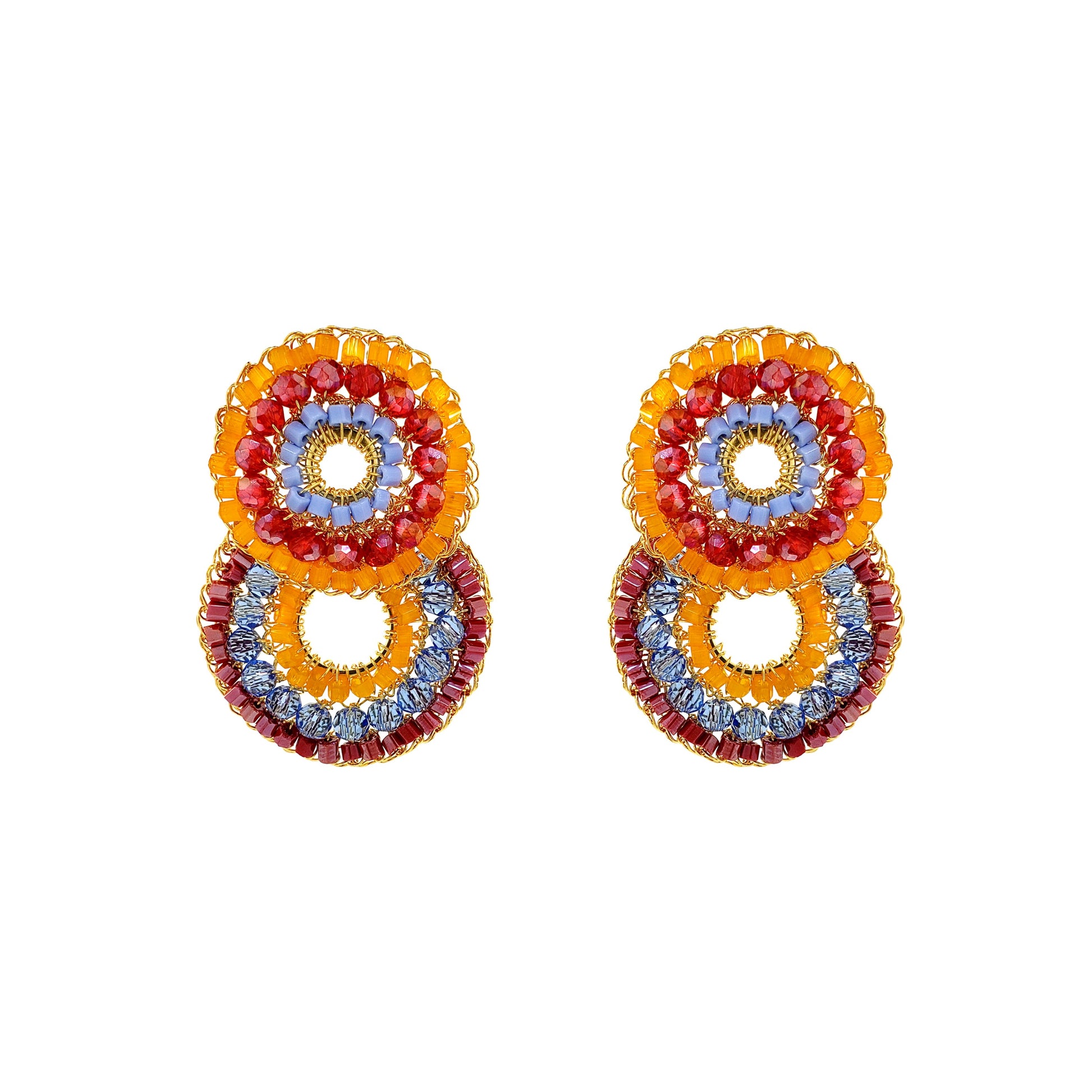 Double-Mandala-Blue-Red-Orange-Gold-Gush-Cascade-Handmade-Crochet-Earrings-18k-gold-filled-wire-hypoallergenic-lightweight-statement-soul-collection