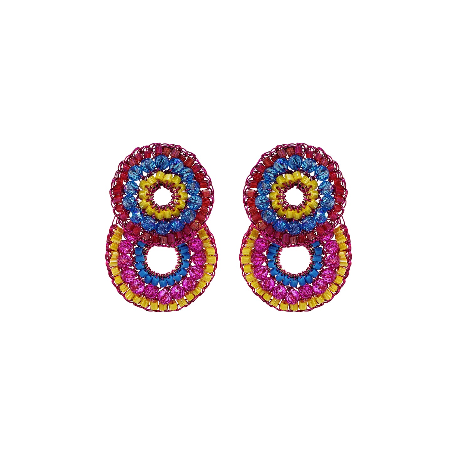 Double-Mandala-Blue-Yellow-Fuchsia-Gold-Gush-Cascade-Handmade-Crochet-Earrings-18k-gold-filled-wire-hypoallergenic-lightweight-statement-brazilian-soul-collection
