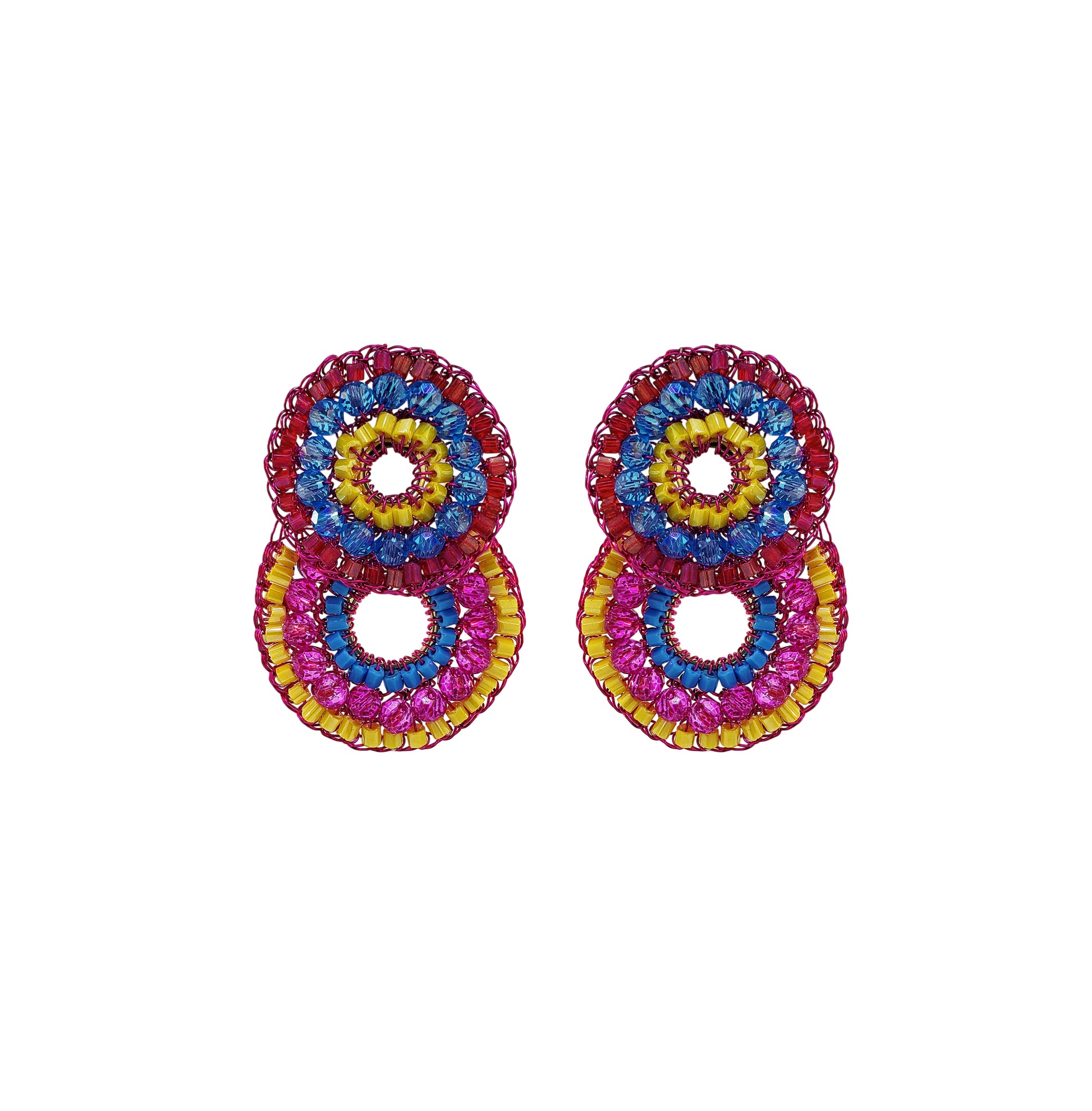Double-Mandala-Blue-Yellow-Fuchsia-Gold-Gush-Cascade-Handmade-Crochet-Earrings-18k-gold-filled-wire-hypoallergenic-lightweight-statement-brazilian-soul-collection
