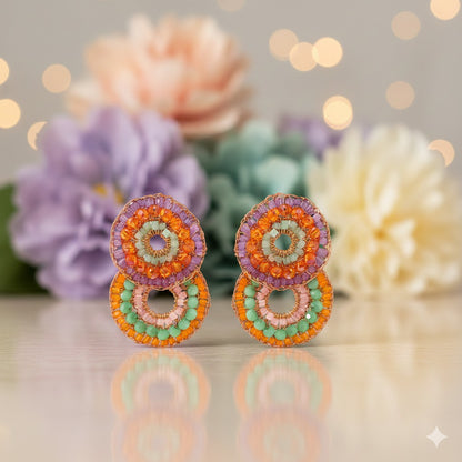 Double-Mandala-Green-Pink-Purple-Orange-Gold-Gush-Cascade-Handmade-Crochet-Earrings-18k-gold-filled-wire-hypoallergenic-lightweight-statement-brazilian-soul-collection-2