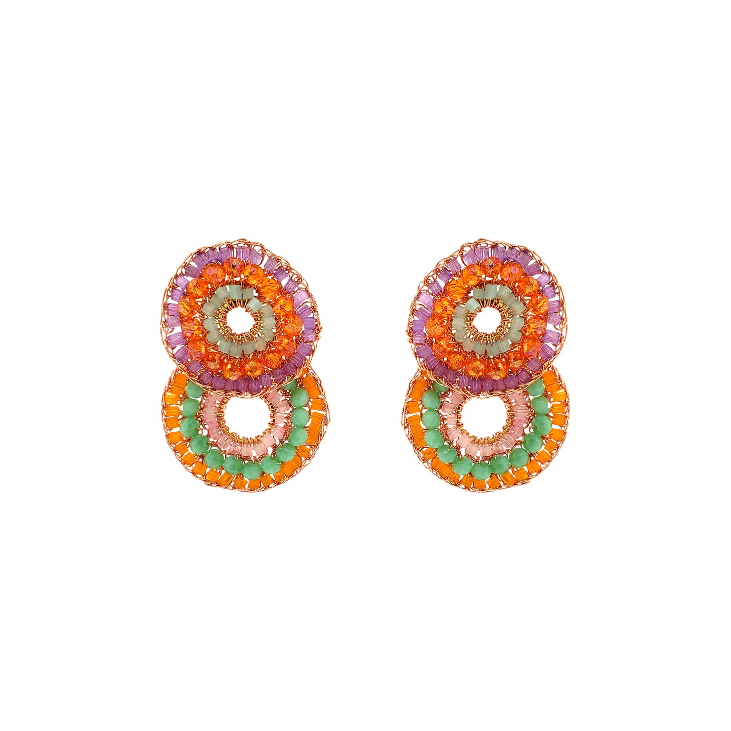 Double-Mandala-Green-Pink-Purple-Orange-Gold-Gush-Cascade-Handmade-Crochet-Earrings-18k-gold-filled-wire-hypoallergenic-lightweight-statement-brazilian-soul-collection