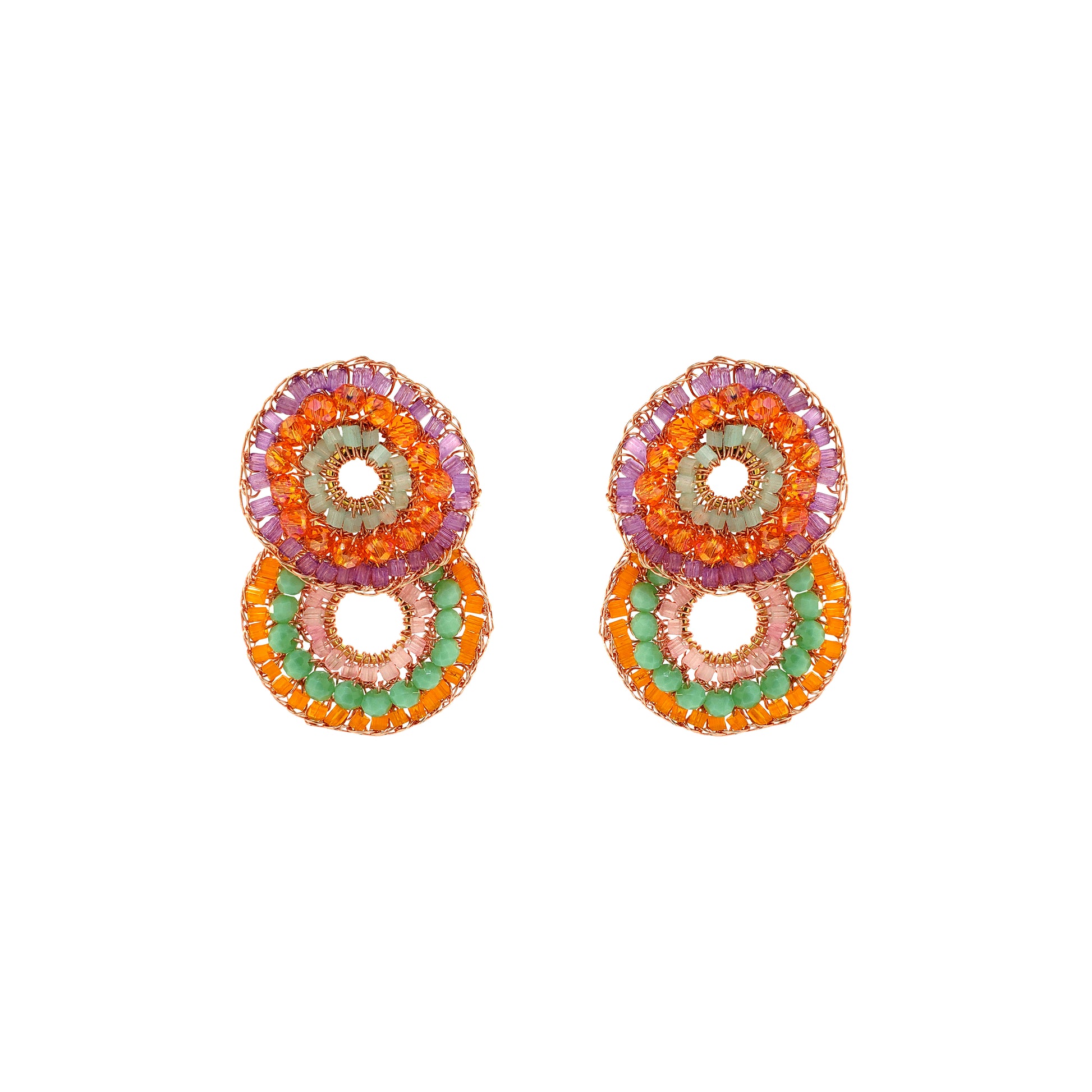 Double-Mandala-Green-Pink-Purple-Orange-Gold-Gush-Cascade-Handmade-Crochet-Earrings-18k-gold-filled-wire-hypoallergenic-lightweight-statement-brazilian-soul-collection