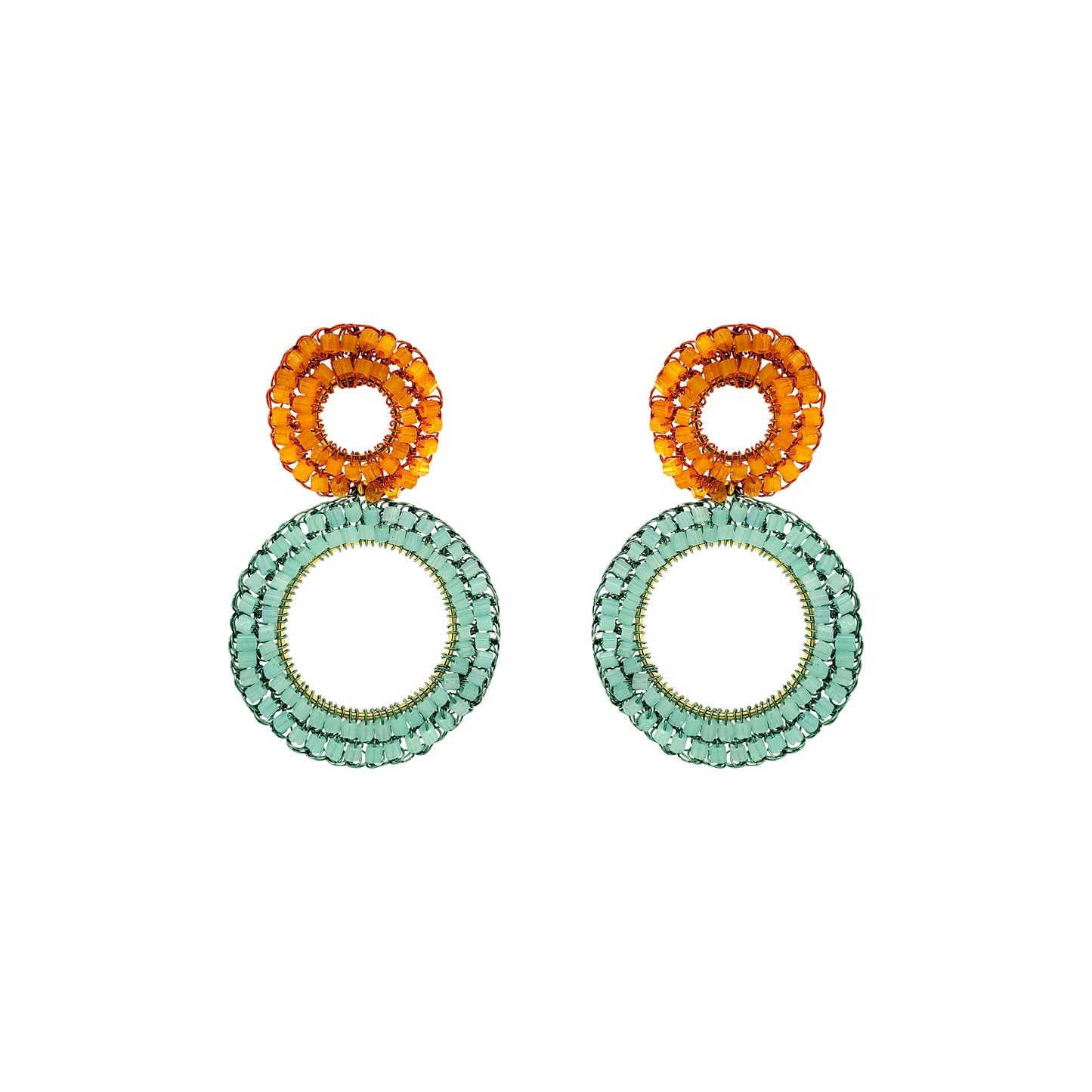 Double-Mandala-Orange-Turquoise-Green-Gold-Nyx-Drop-Handmade-Crochet-Earrings-18k-gold-filled-wire-hypoallergenic-lightweight-statement-brazilian-soul-collection
