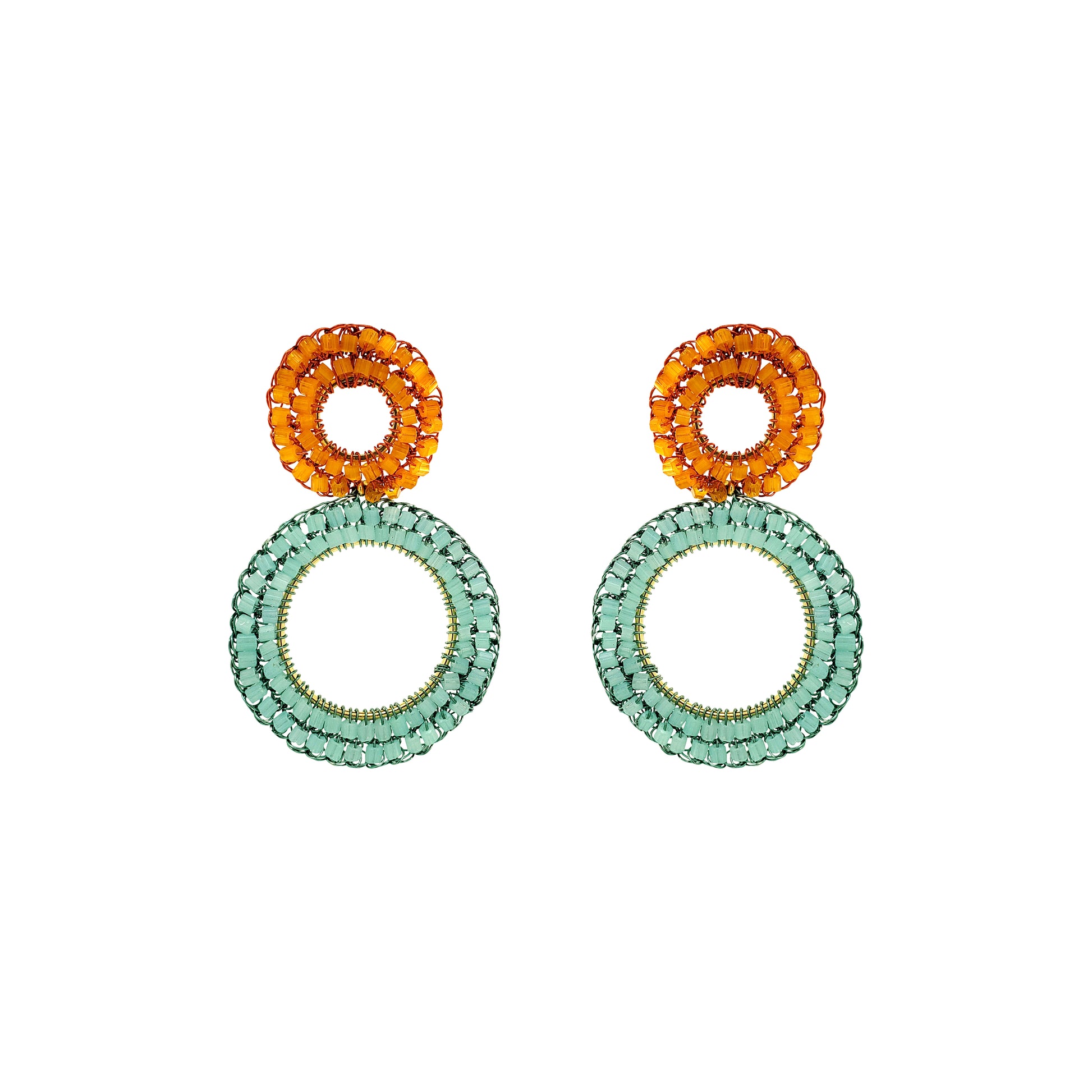 Double-Mandala-Orange-Turquoise-Green-Gold-Nyx-Drop-Handmade-Crochet-Earrings-18k-gold-filled-wire-hypoallergenic-lightweight-statement-brazilian-soul-collection