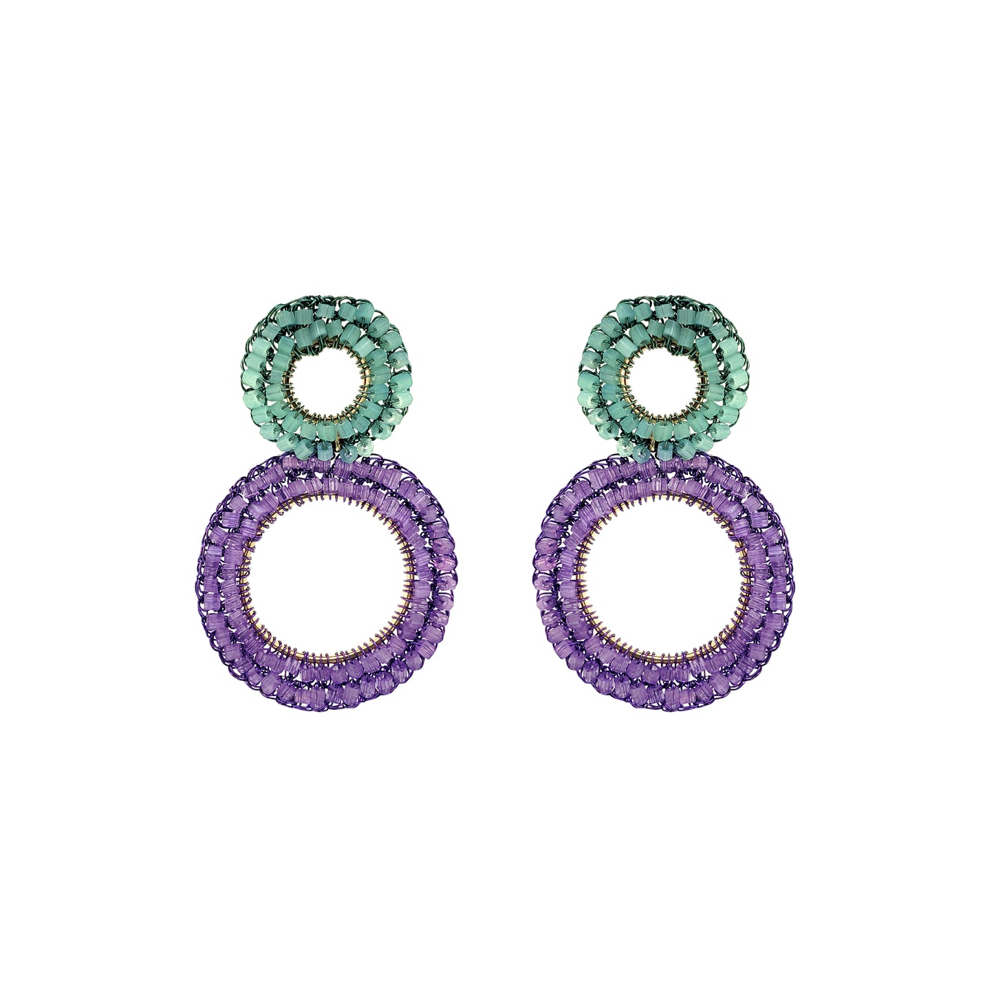 Double-Mandala-Turquoise-Green-Purple-Gold-Nyx-Drop-Handmade-Crochet-Earrings-18k-gold-filled-wire-hypoallergenic-lightweight-statement-brazilian-soul-collection