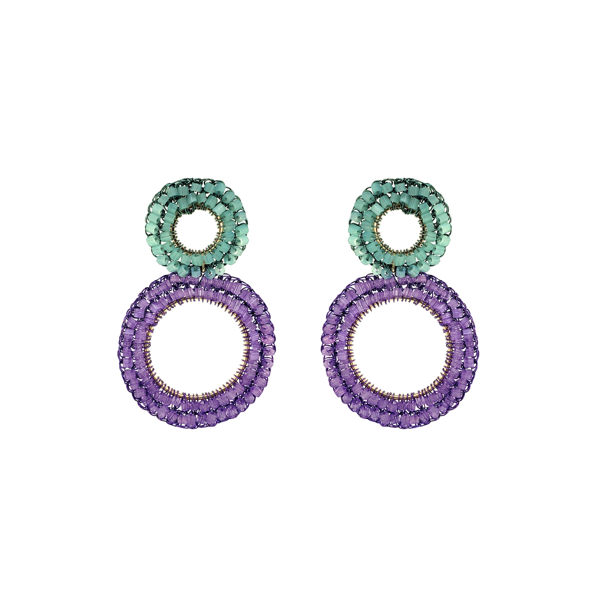 Double-Mandala-Turquoise-Green-Purple-Gold-Nyx-Drop-Handmade-Crochet-Earrings-18k-gold-filled-wire-hypoallergenic-lightweight-statement-brazilian-soul-collection