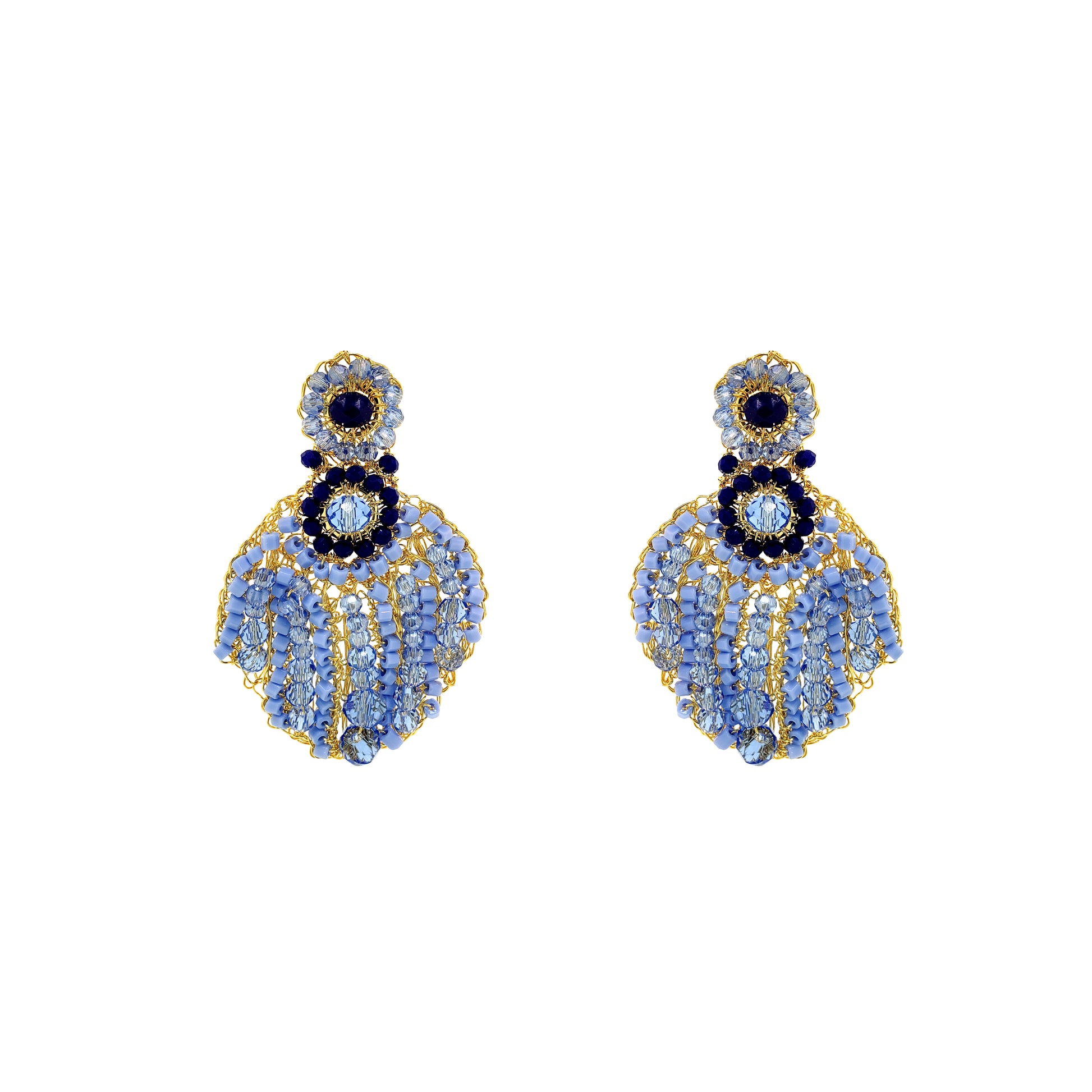 Drop-Blue-Gold-Sea-Shell-Handmade-Crochet-Earrings-18k-gold-filled-wire-hypoallergenic-lightweight-statement-soul-collection