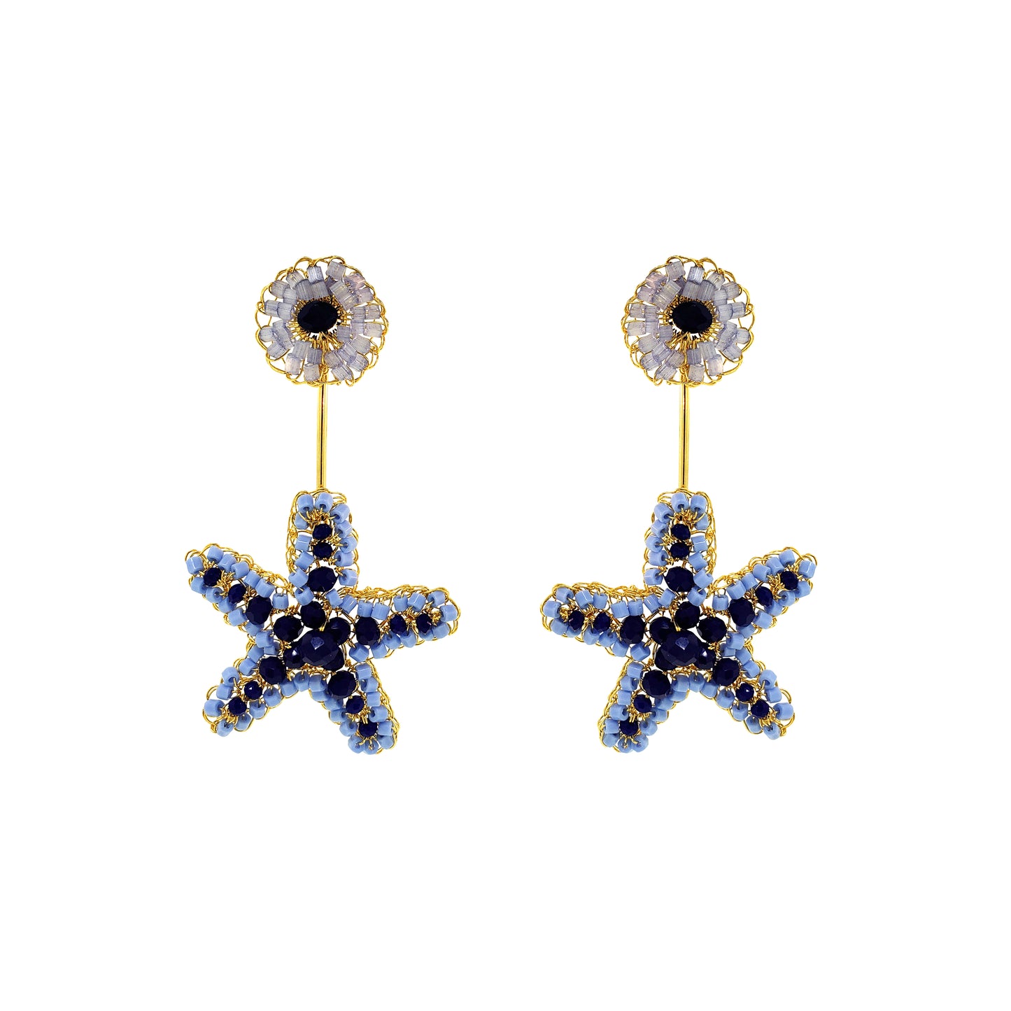 Drop-Blue-Gold-Sea-Star-Dangle-Handmade-Crochet-Earrings-18k-gold-filled-wire-hypoallergenic-lightweight-statement-soul-collection