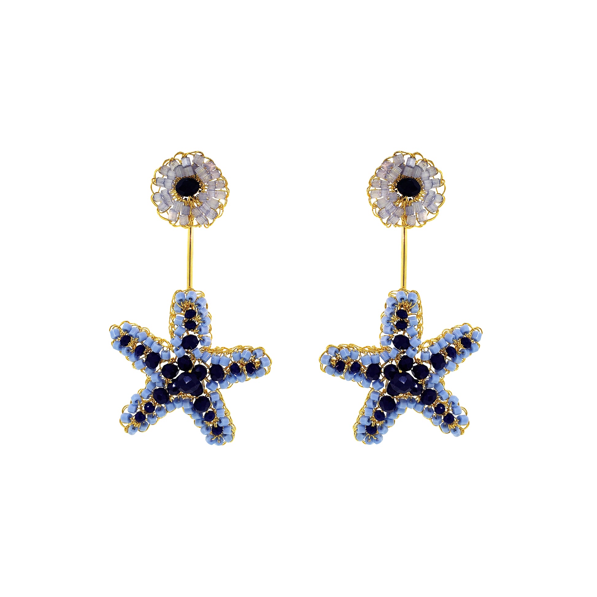 Drop-Blue-Gold-Sea-Star-Dangle-Handmade-Crochet-Earrings-18k-gold-filled-wire-hypoallergenic-lightweight-statement-soul-collection
