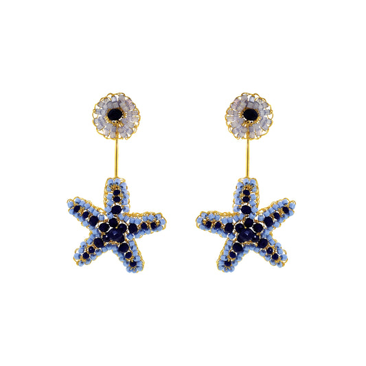 Drop-Blue-Gold-Sea-Star-Dangle-Handmade-Crochet-Earrings-18k-gold-filled-wire-hypoallergenic-lightweight-statement-soul-collection