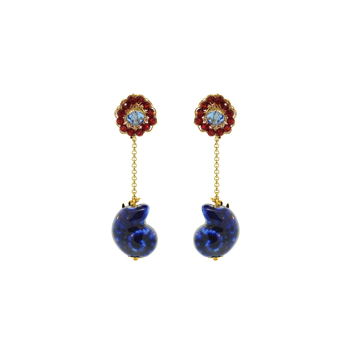 Drop-Blue-Red-Orange-Gold-Sea-Shell-Dangle-Handmade-Crochet-Earrings-18k-gold-filled-wire-hypoallergenic-lightweight-statement-soul-collection